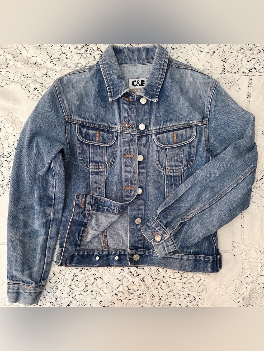 Vintage Sun Faded Trucker Denim Jacket C&E 100% Cotton Distressed Size Small*